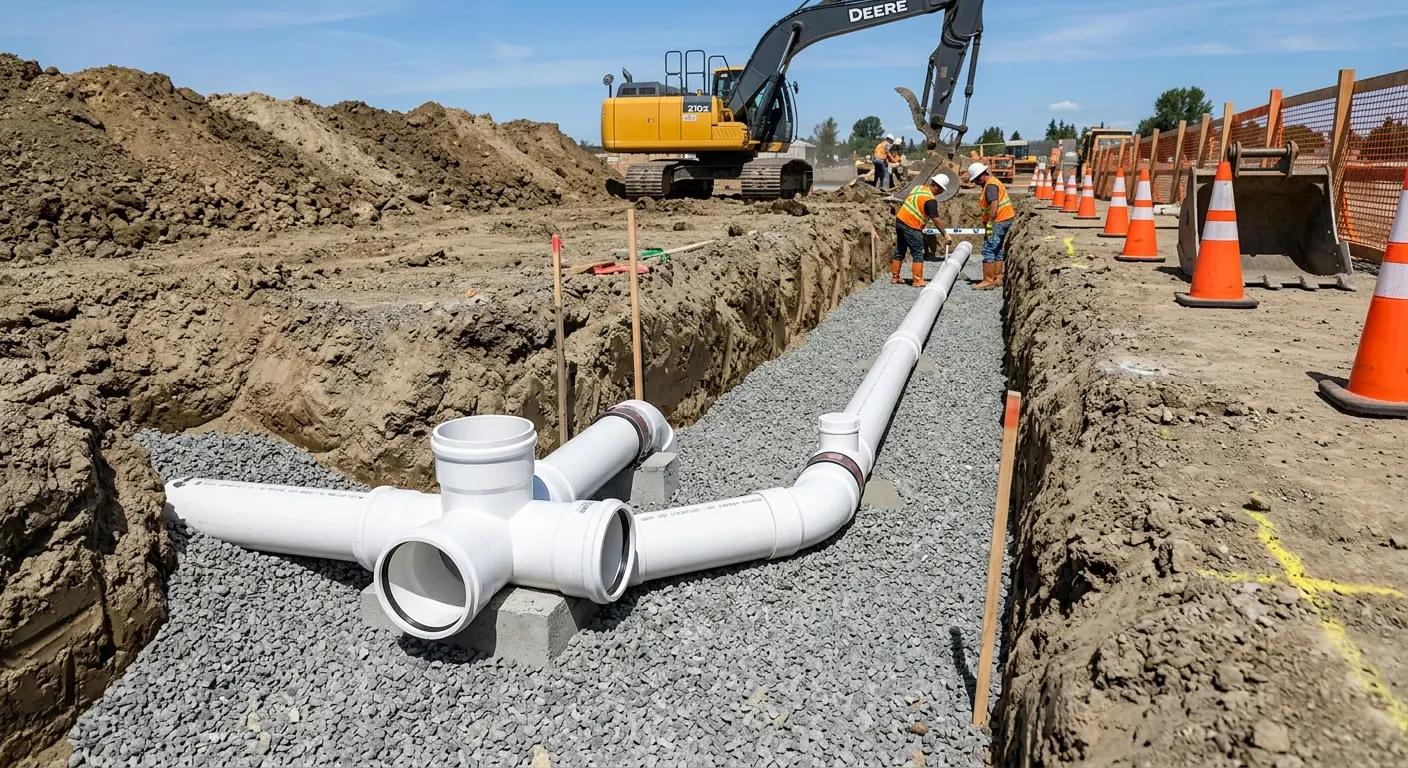 New PVC sewer pipe installation in open trench for Commercial Drain Cleaning in Bernalillo