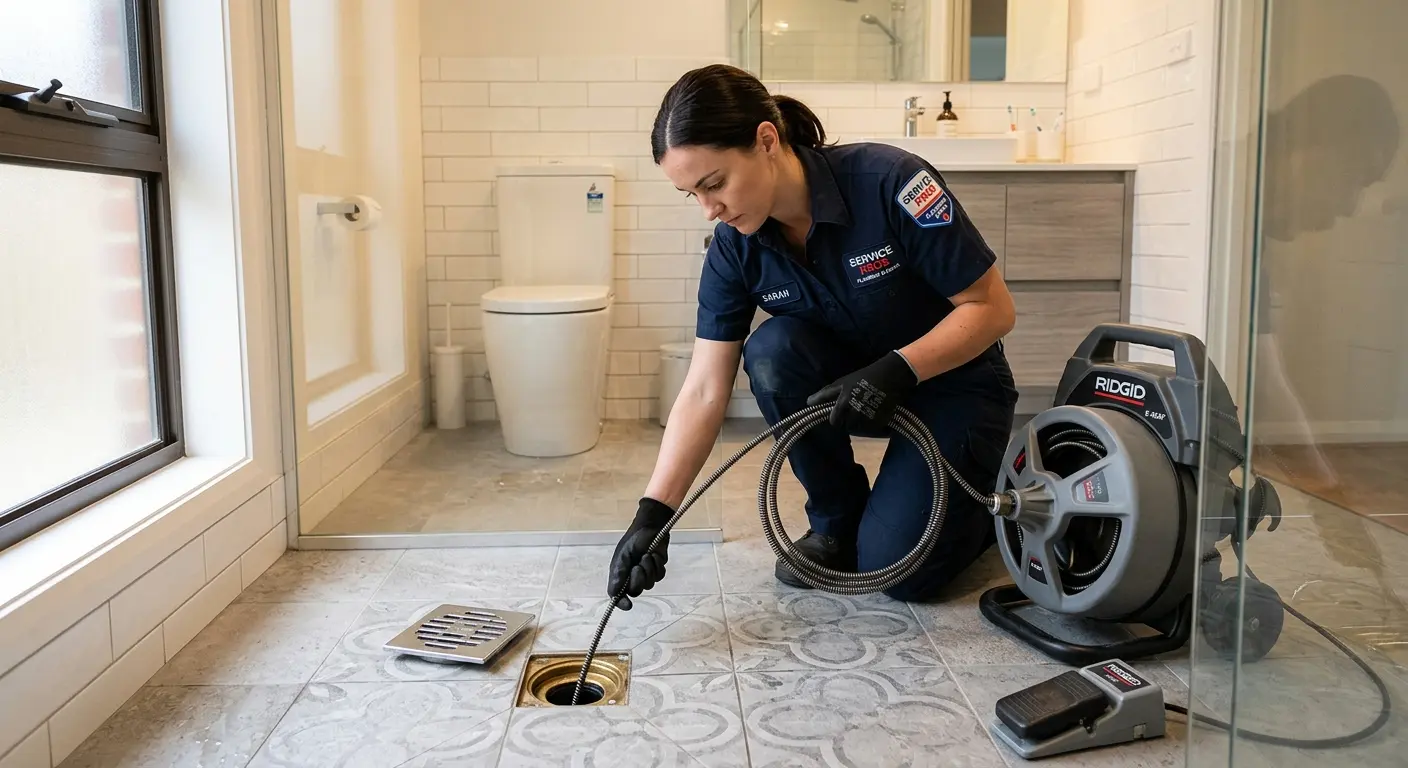 Technician clearing a bathroom floor drain for Drain Cleaning in Bernalillo